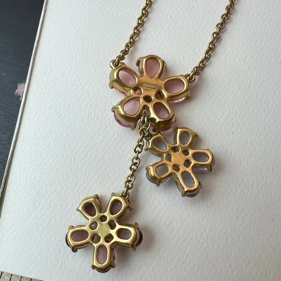 Coach Daphne Pink Glass Floral Drop Necklace Gold Tone Signed Rare - Picture 10 of 11
